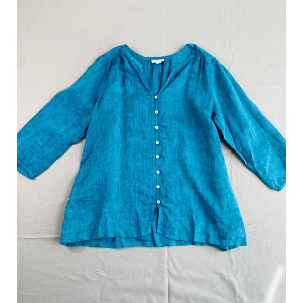 J.Jill PureJill 100% Linen Blouse Shirt Top Sz M Petite Vibrant Blue Coastal